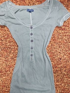 American Eagle Outfitters Green Ribbed Henley Short Sleeve Top